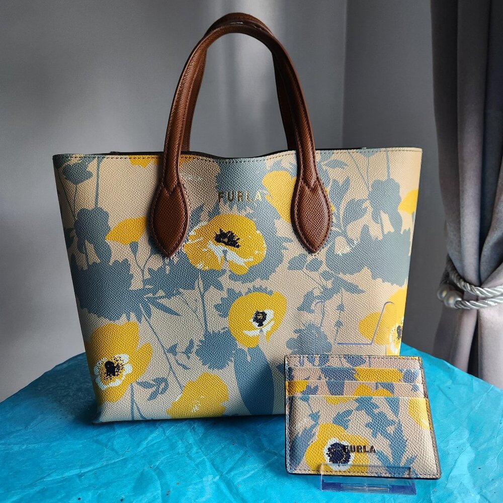 Furla Floral Yellow and Gray Print Leather Tote and card holder 3pc set - Picture 2 of 11